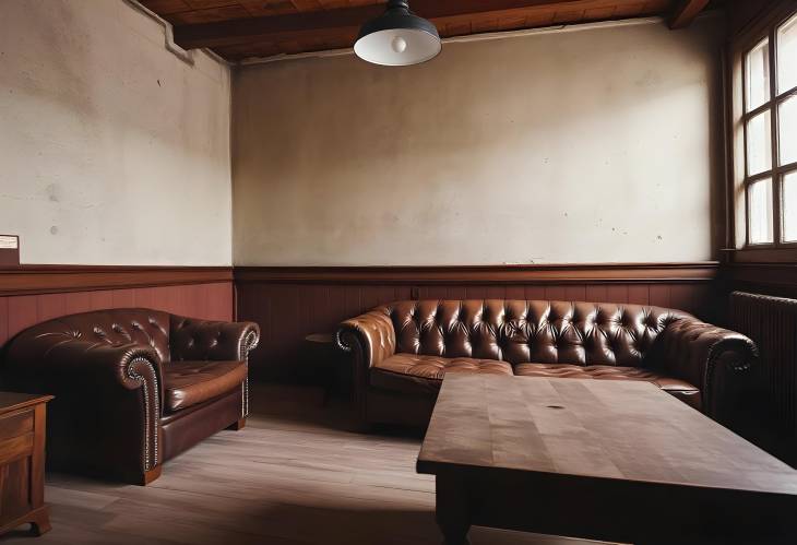 Rustic Vintage Lounge with Leather Sofa, Wooden Coffee Table, and Ambient Lighting